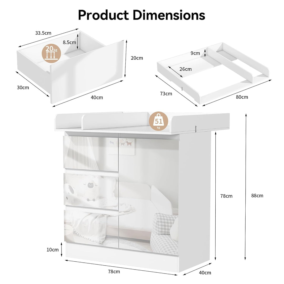 Wickelkommode mit Wickelaufsatz, Wickeltisch mit 3 Schubladen, Baby Kommode Abnehmbarem, Babyschrank