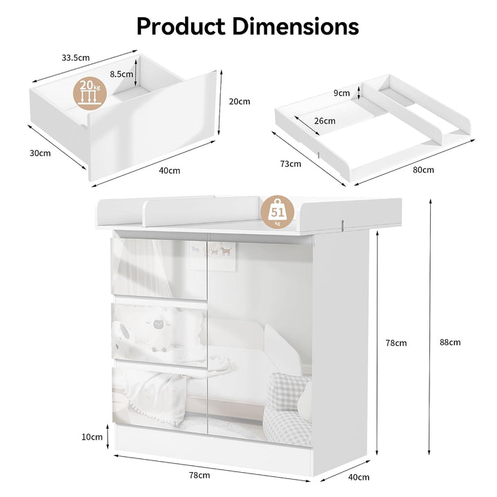 Wickelkommode mit Wickelaufsatz, Wickeltisch mit 3 Schubladen, Baby Kommode Abnehmbarem, Babyschrank