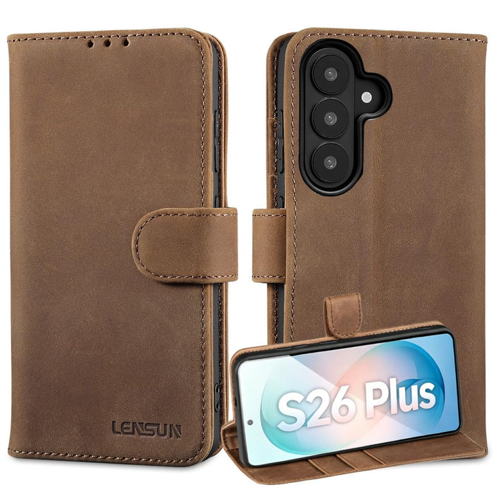LENSUN Handyhülle für Samsung Galaxy S26 Plus Echtleder, Lederhülle [Brieftasche][RFID Schutz][Stand
