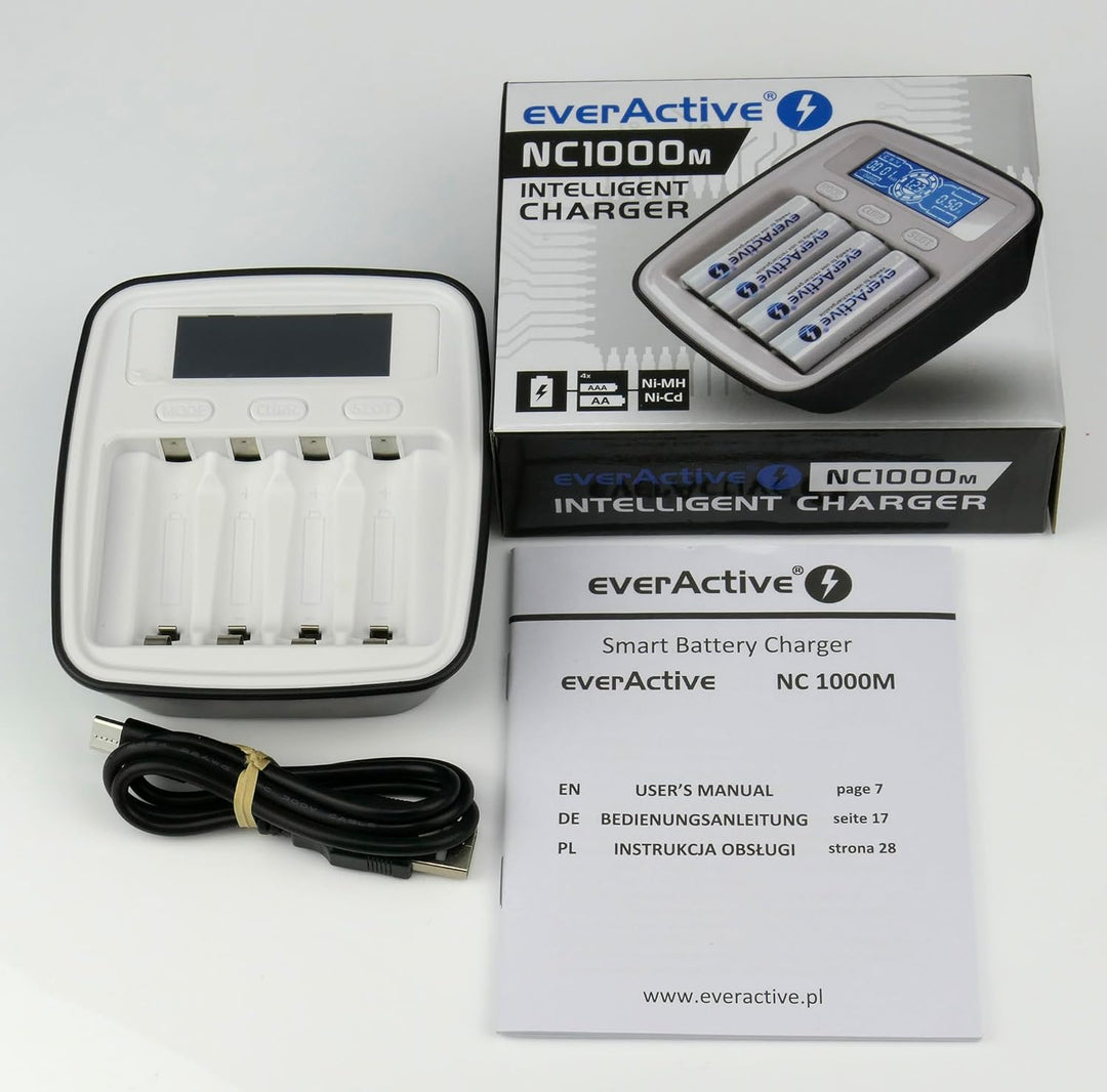 everActive Ladegerät für NI-MH, NI-Cd, 1-4x R6/AA, R03/AAA, professionell und schnell, USB-C NI-MH p