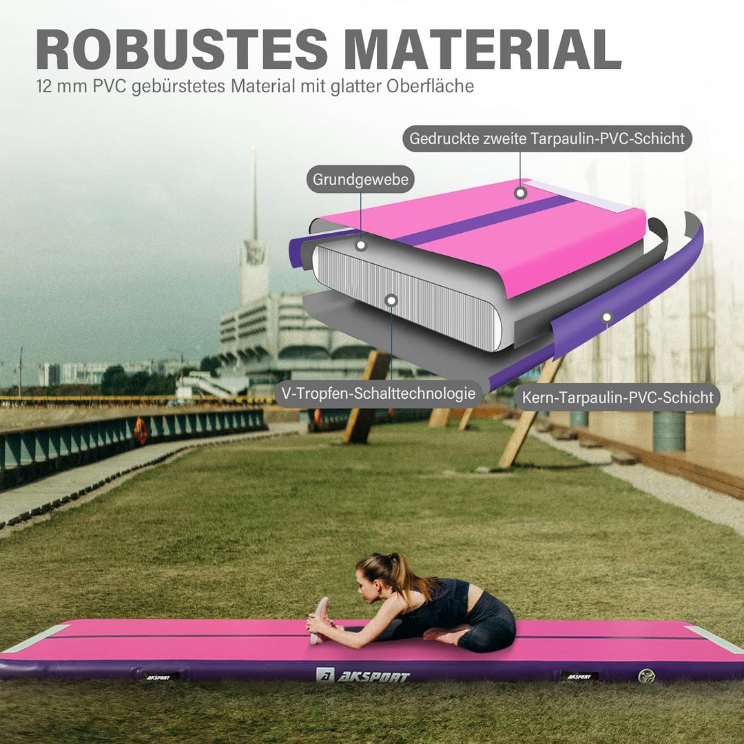 AKSPORT Air Matte Track Tumbling Matte,3/4/5/6m Aufblasbar Gymnastikmatte Turnmatte Tumbling Matten