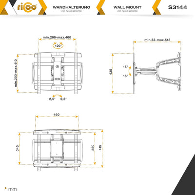 RICOO TV Wandhalterung Fernseher Schwenkbar Neigbar für 40-70 Zoll, Universal TV Halterung S3144, Fe