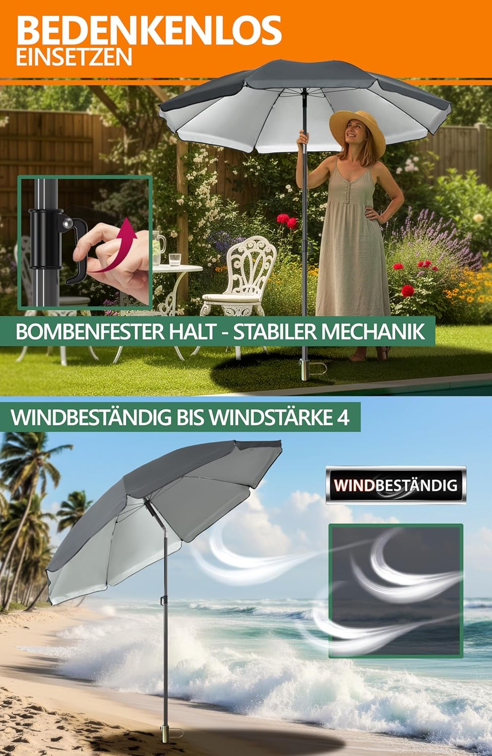 4smile SunnyJoy Sonnenschirm Strand 180 cm, Strandschirm windfest stabil in Anthrazit, inkl. Rasendo