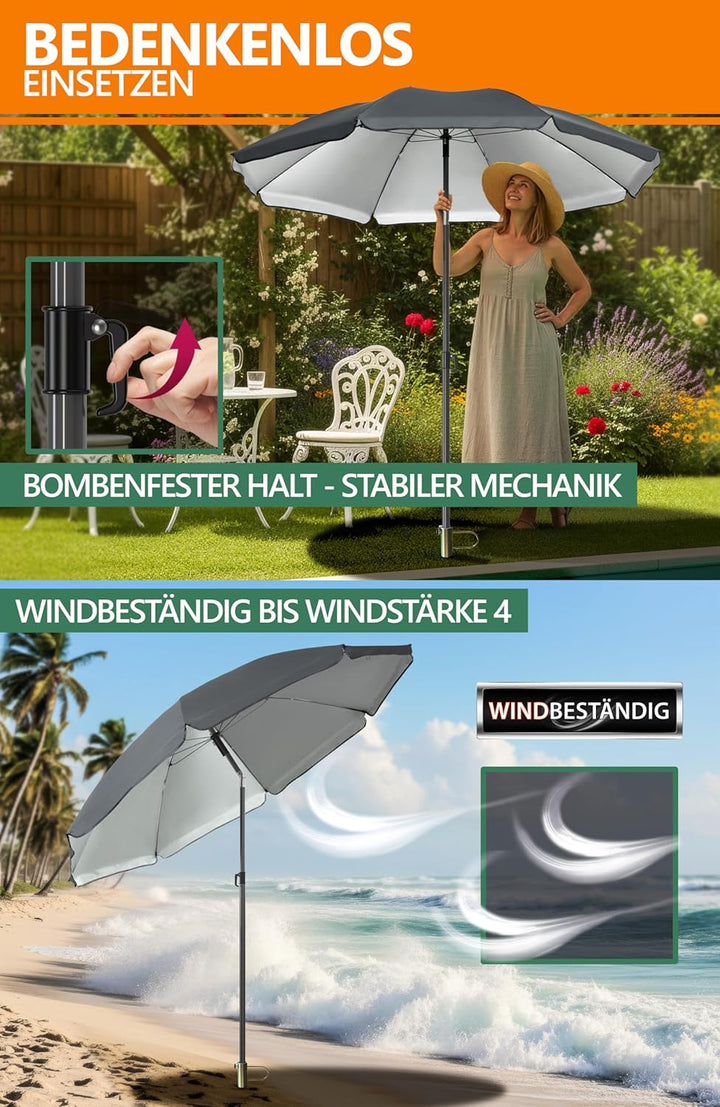 4smile SunnyJoy Sonnenschirm Strand 180 cm, Strandschirm windfest stabil in Anthrazit, inkl. Rasendo