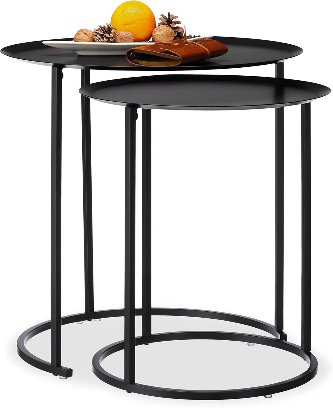 Relaxdays, anthrazit Runder Beistelltisch im 2er Set, erhöhter Rand, Satztische, Stahlgestell, Tisch