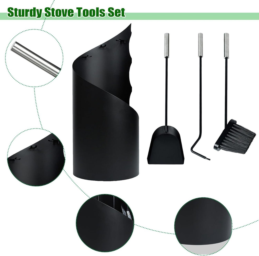 Edelstahl Kaminbesteck 4-Teilig Modern Ofenbesteck Set mit Metallgriff Kaminofen Besteck inkl. Schür