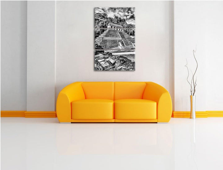 Pixxprint Maya Pyramiden aus Palenque / 3-Teilig/Gesamtmass 120cm Leinwandbild bespannt auf Holzrahm
