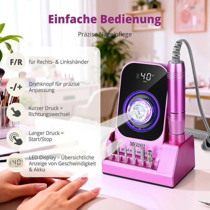 Nagelfräser Elektrisch 40.000 U/Min mit LED Display, Profi Nagelbohrer für Gel- & Acrylnägel, Wieder