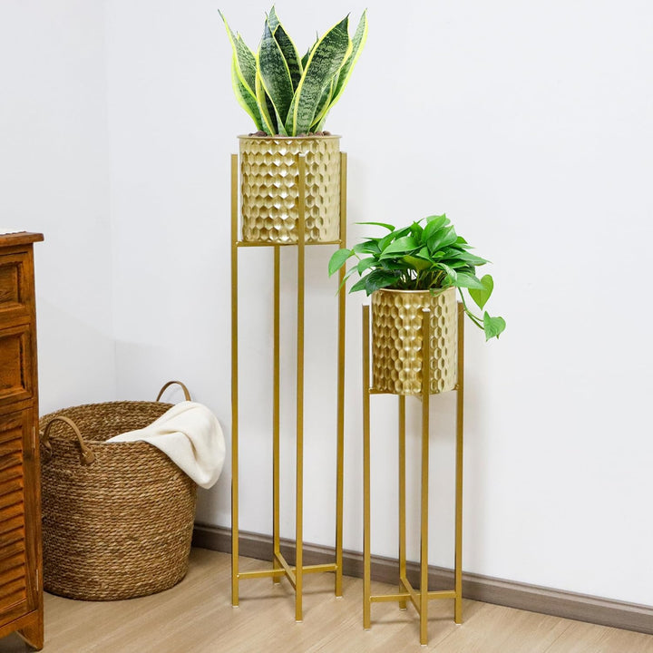 TRIROCKS Set von 2 hohen Pflanzgefässen mit Ständer Innen Aussen Metall Gold Pflanzgefässe für Pflan