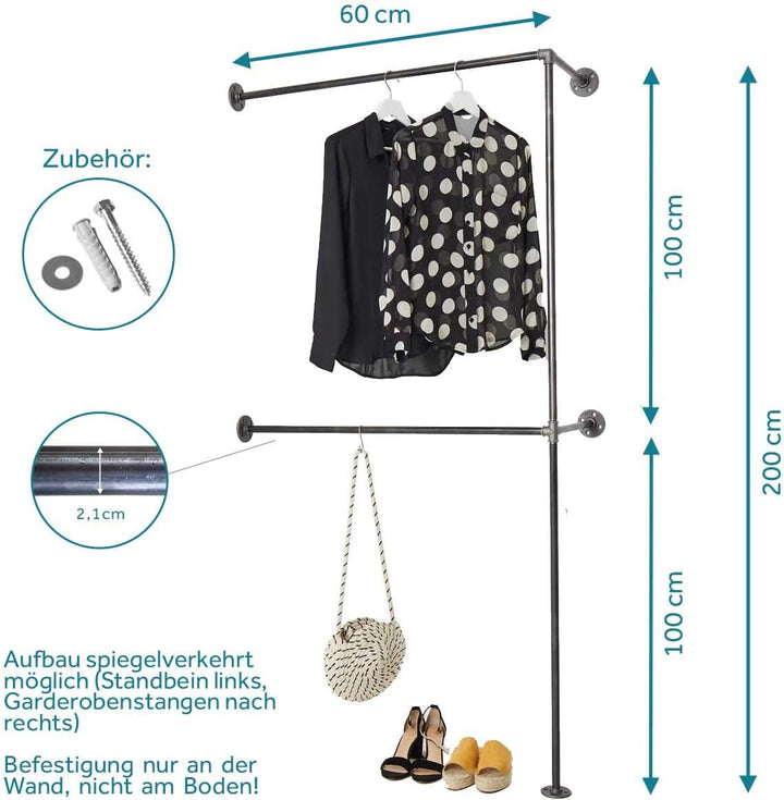 Various Garderobe für die Ecke - div. Grössen, z.B. 60 x 200 cm - Industrial Design Kleiderstange do