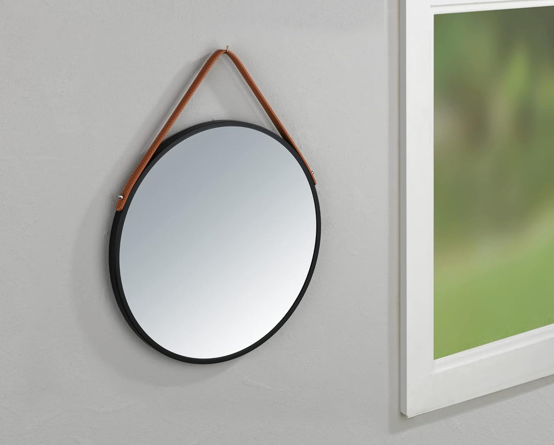WENKO Wandspiegel Borrone rund, Spiegel mit schwarzem Metall-Rahmen und Aufhänge-Gurt, Dekospiegel i