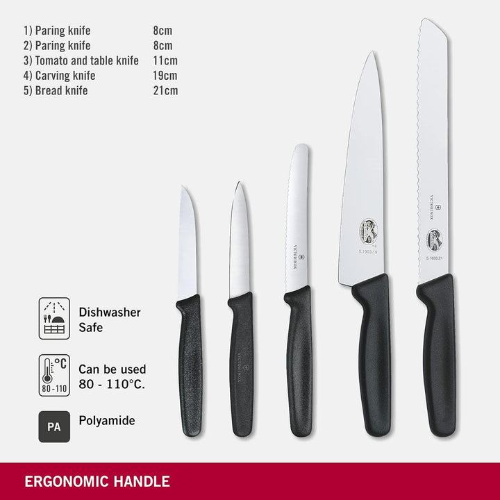 Victorinox Swiss Classic Küchengarnitur 5-teilig, Wellenschliff und gerader Schliff, schwarz, Single
