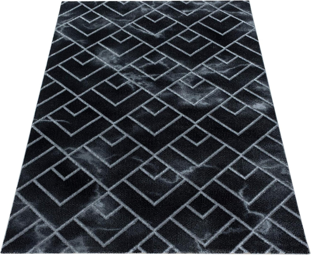 Carpetsale24 Modern Designer Teppich, Kurzflor Rauten - Marmor Optik, Rechteckig, Schwarz und Silber