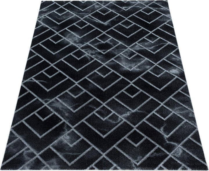 Carpetsale24 Modern Designer Teppich, Kurzflor Rauten - Marmor Optik, Rechteckig, Schwarz und Silber