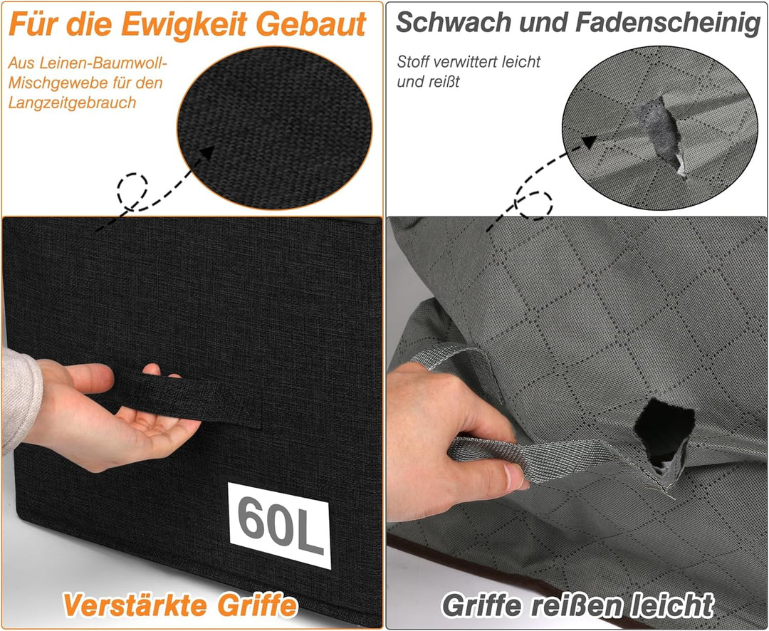 60L Grosse Kleidung Aufbewahrungsbox Stoff mit Reissverschlüssen, Seiten- und Bodenschutz, 2er-Pack