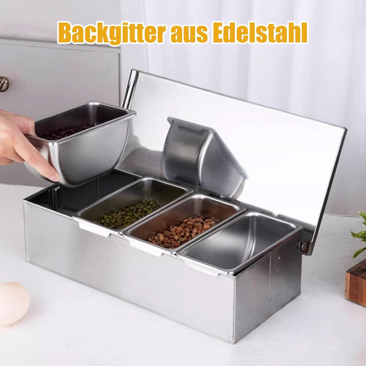 Zutatenbehälter Pizza, Edelstahl Gastronomie Zubehör, 4 Gitter Gewürzbox Beilagenbehälter, Barbehält