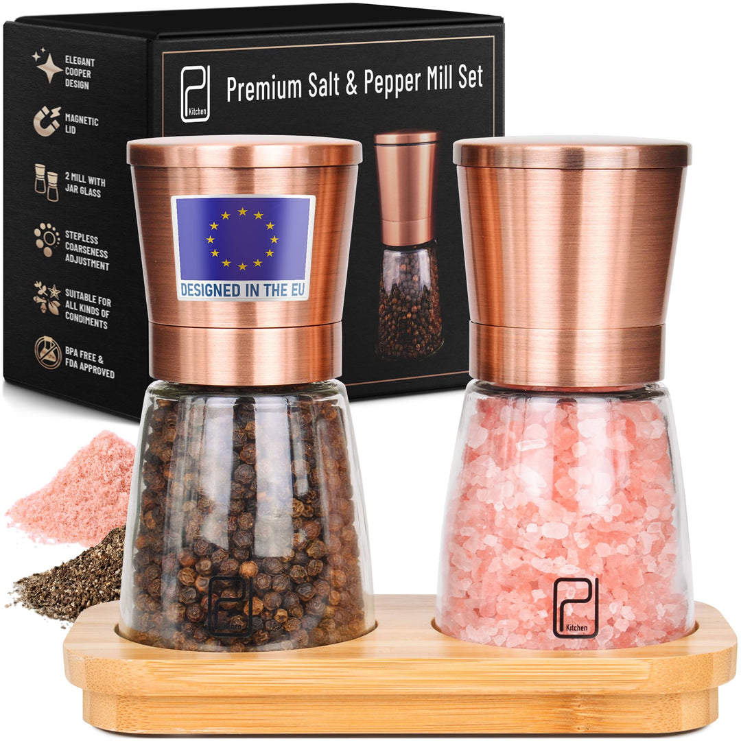 Premium Salz- und Pfeffermühle-Set - Beste kupferfarbige Edelstahl-Mühle, Handliche Magnetdeckel, Ke