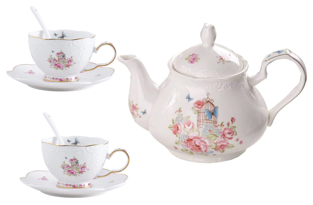 YBK Tech Strength Porzellan-Kaffeekanne, Keramik-Teekanne, rosa Rose (Teekanne + 2 Sets Tassen und U