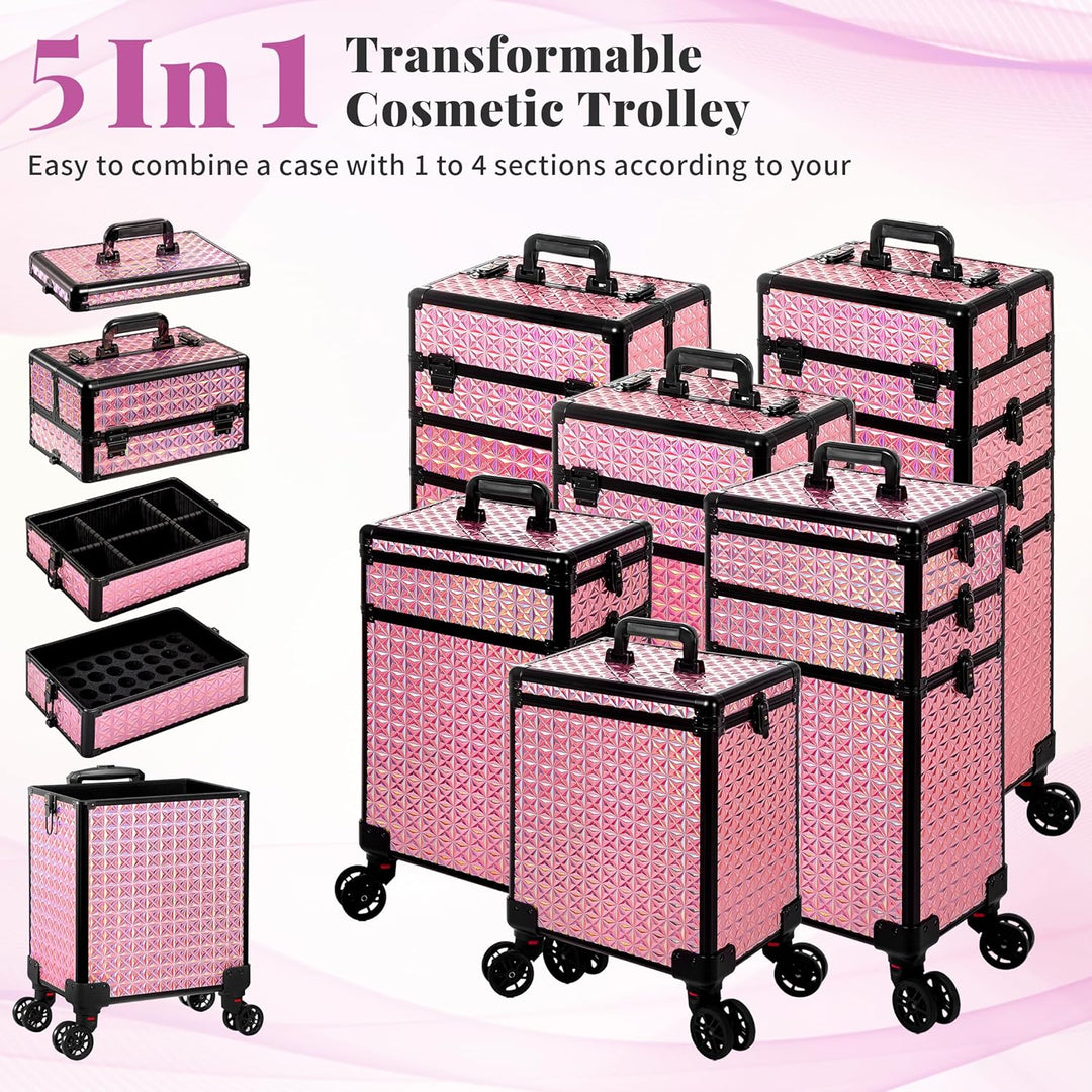 Arous 5-in-1 Profi-Kosmetikkoffer, Aluminium, mit 360° drehbaren Rädern Rosa, Rosa