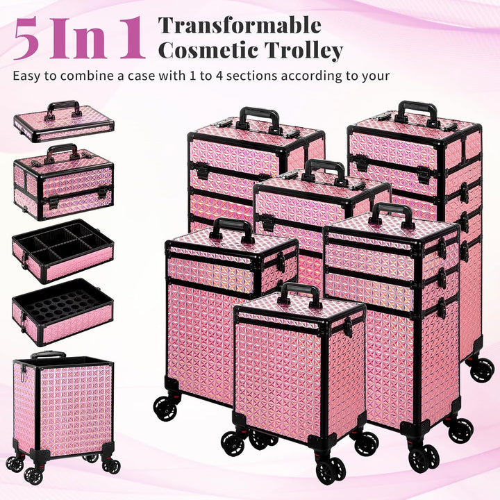 Arous 5-in-1 Profi-Kosmetikkoffer, Aluminium, mit 360° drehbaren Rädern Rosa, Rosa