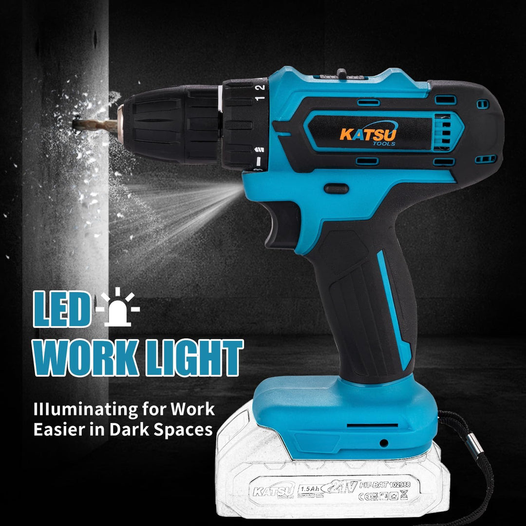 KATSU FIT-BAT 102623 Akku-Bohrschrauber, 21 V, 10 mm Schnellspannbohrfutter, 2 Gänge, LED-Licht, ide