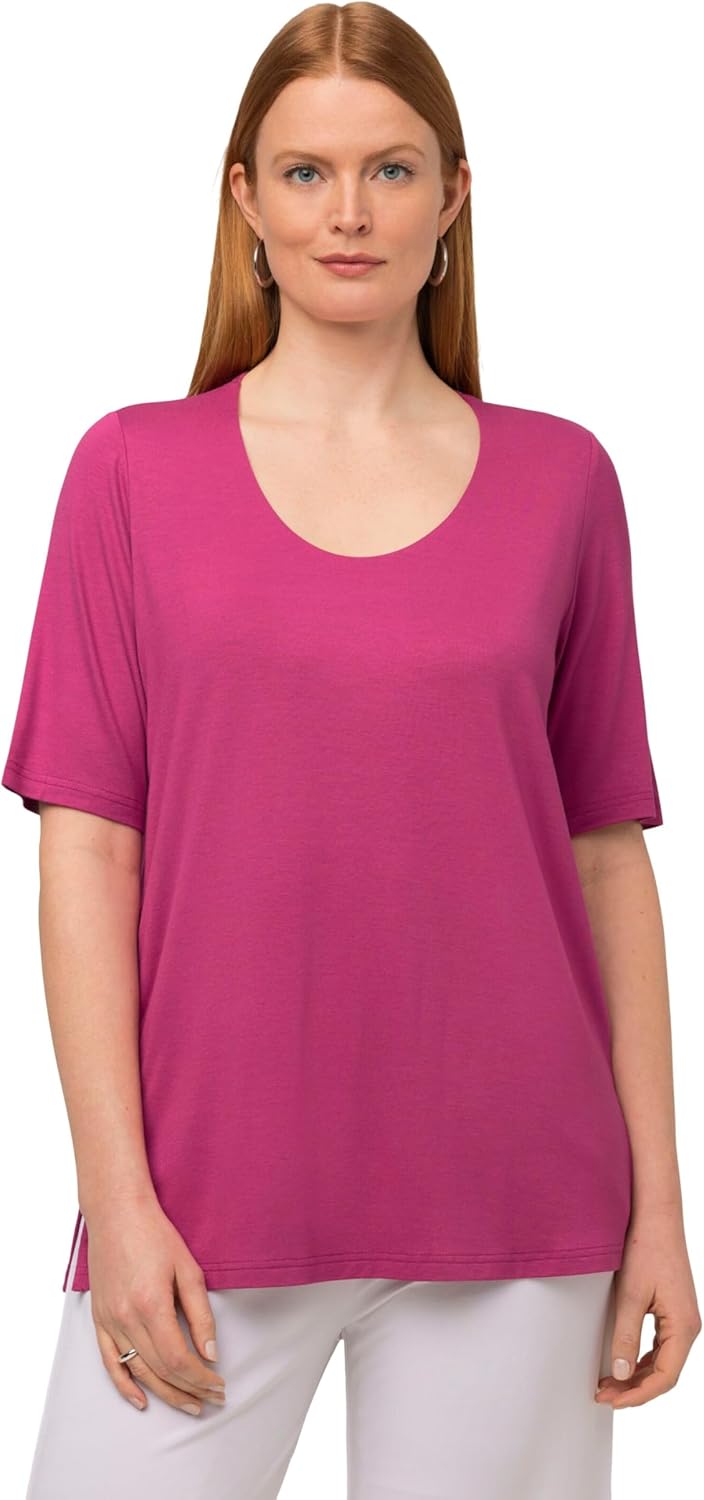 Ulla Popken Damen T-Shirt, vorne doppellagig, V-Ausschnitt, Halbarm 42-44 Fuchsia Pink, 42-44 Fuchsi
