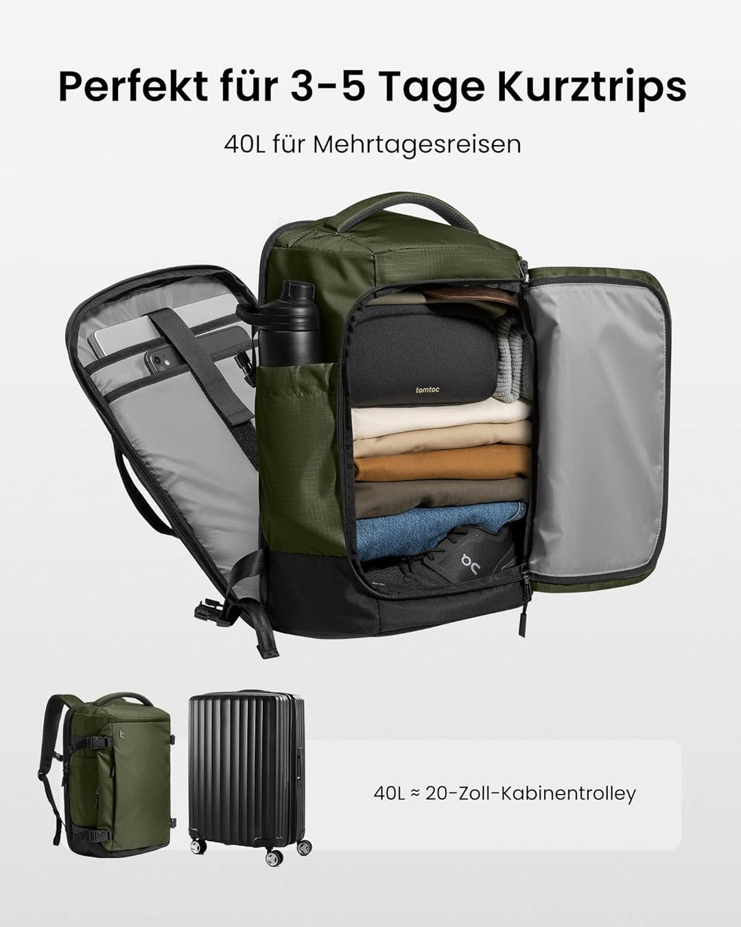 tomtoc 40L Reiserucksack, TSA-freundlicher Handgepäck Rucksack, Wasserdichter Rucksack Handgepäck Fl
