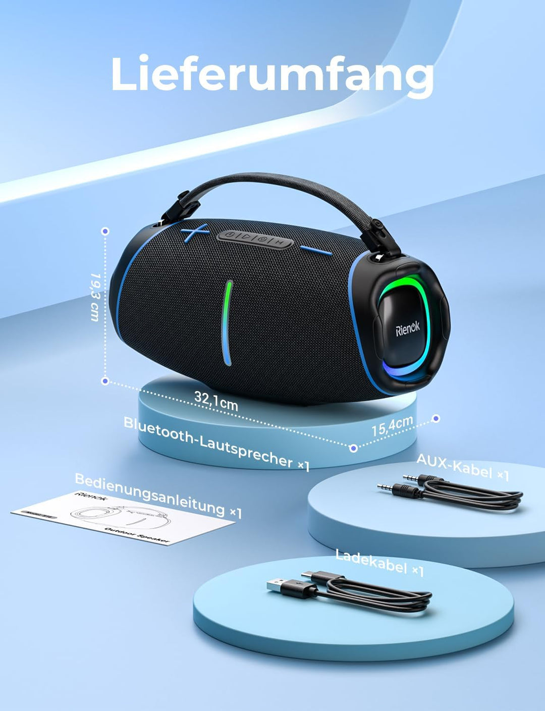 RIENOK 100W Bluetooth Lautsprecher mit 2+2 Channel, 30 Std. Laufzeit Musikbox Support USB TF und AUX