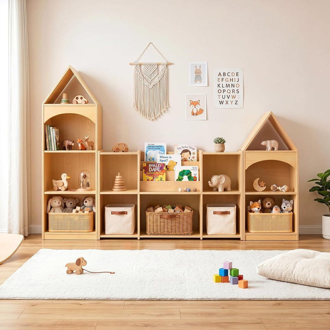 OOOK Montessori-Bücherregal und Spielzeugorganizer, 2-stufiges Horizontales Bücherregal, Spielzeugau
