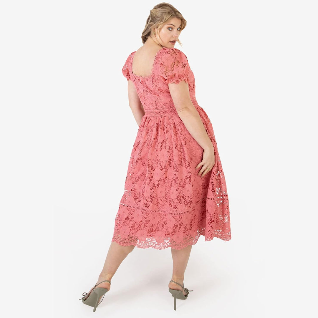 Lovedrobe Damen Ladies Lace Midi Sun Dress Plus Size Women Curve Short Puffed Sleeve Square Neckline