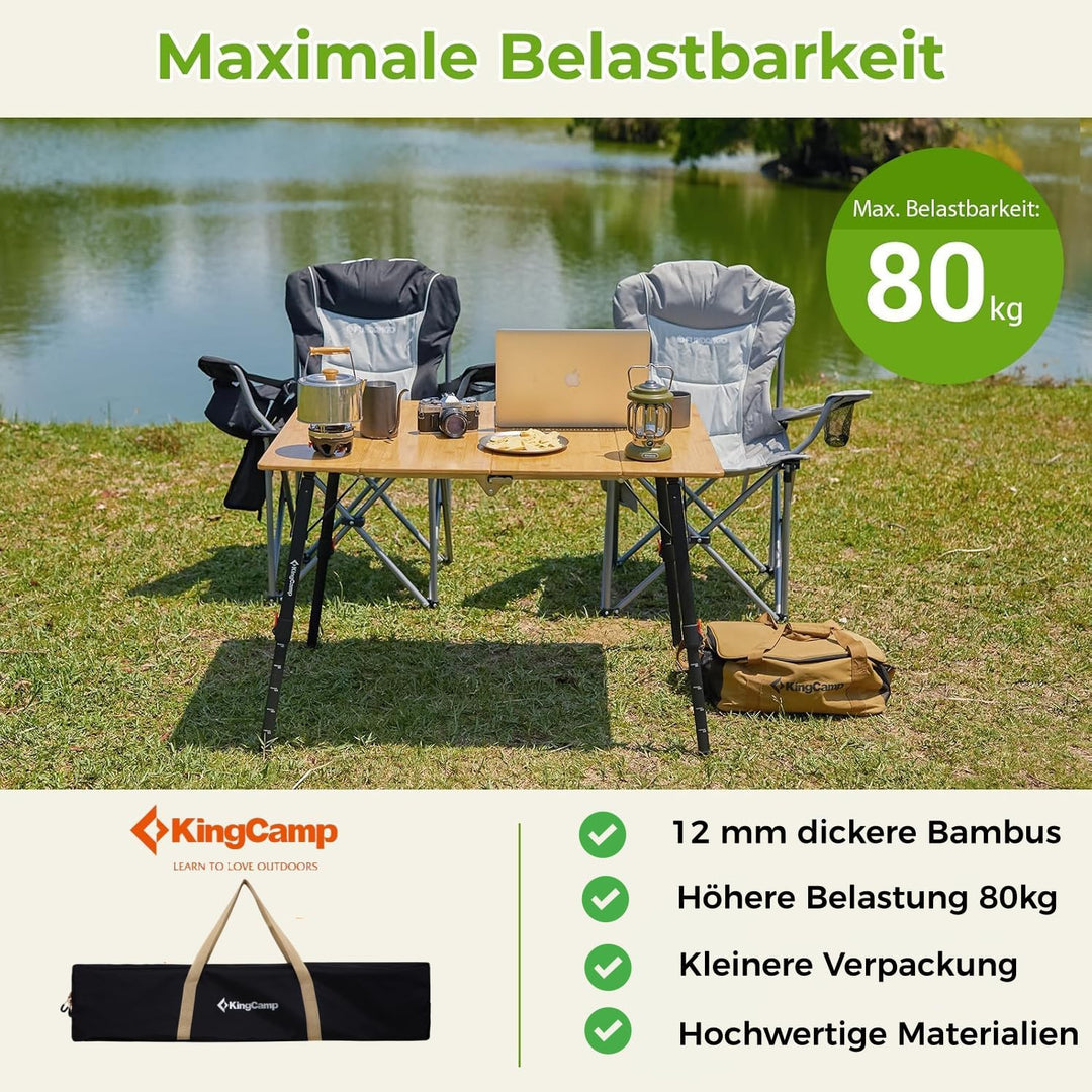 KingCamp Campingtisch Bambus 80 x 60 cm Klapptisch höhenverstellbar 42~70cm für 2-4 Personen 4 Falte