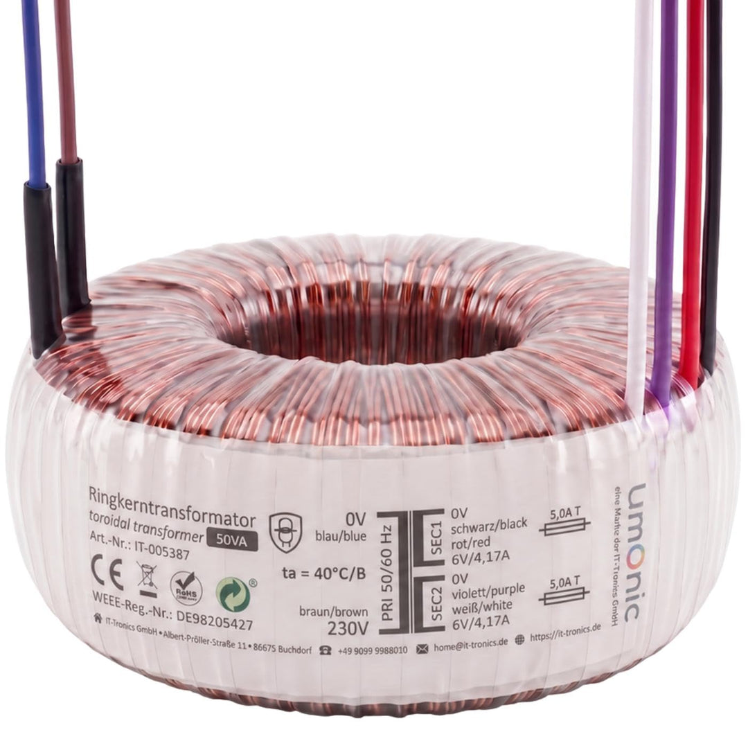 Sedlbauer Ringkerntrafo Transformator 50VA 2x6V für Audio, Industrie, Halogen und Schienensysteme -