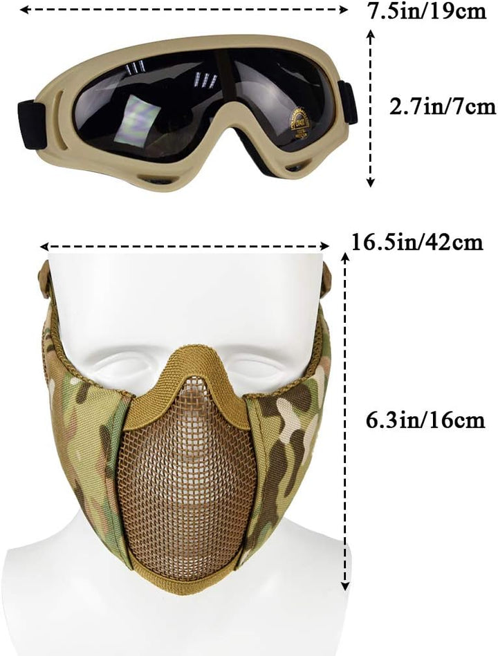 Hodeacc Airsoft-Maske und Brillen-Set, halbe Gesichtsmaske aus Metall mit Gehörschutz, Anti-UV-Softa