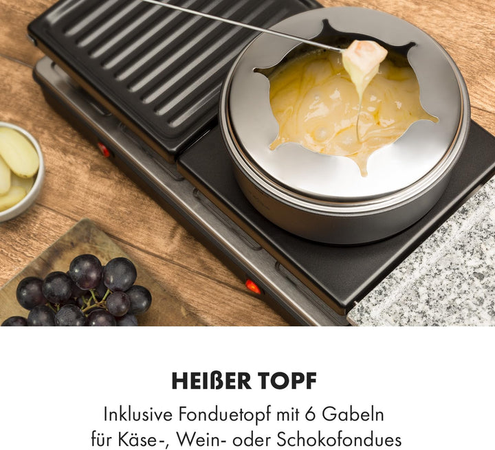 Klarstein Fonduelette XL - 3-in-1 Raclette-Grill & Fondue, 1650 Watt, 3-in-1 Grill: Metall- /Naturst