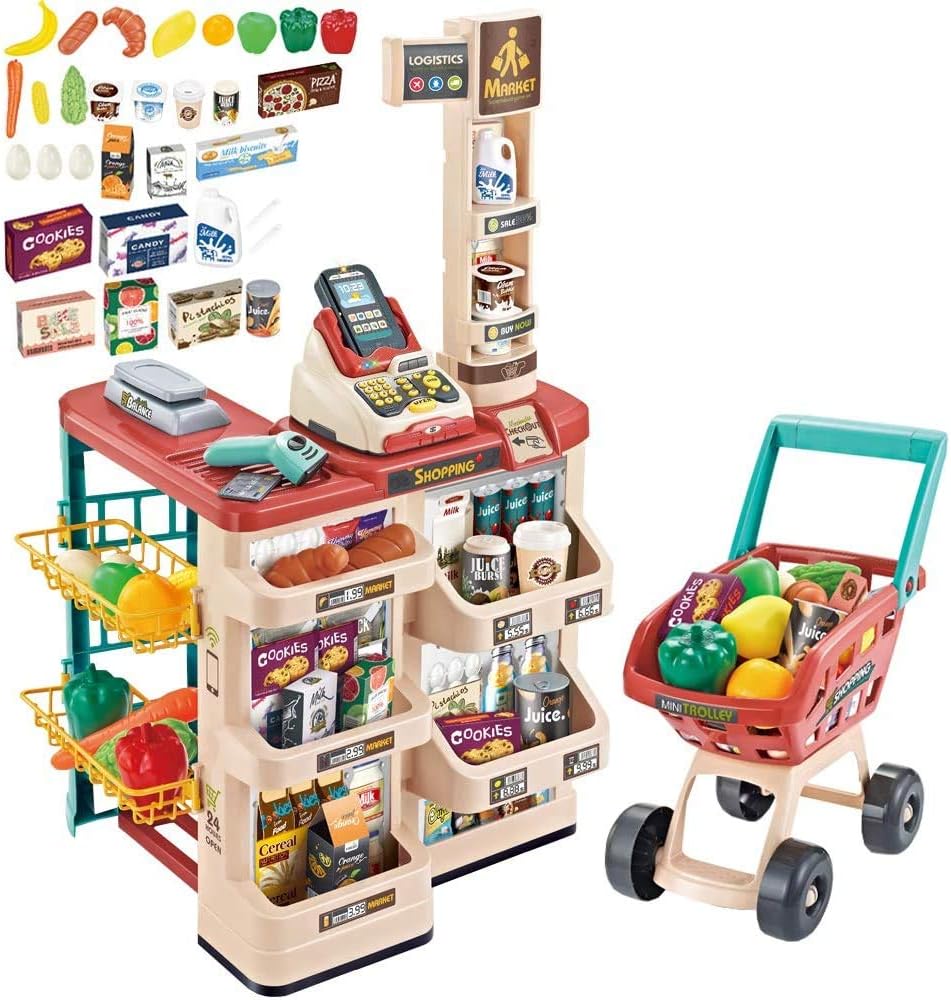 deAO Supermarkt mit Einkaufswagen, Kasse, Kaufladen Zubehör, Kaufladen Kasse mit Scanner und Sound,