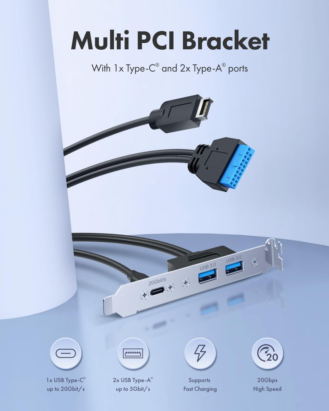 GRAUGEAR 20Gbit/s USB Port Typ-C & 2x Typ-A I USB HUB in PCI Slot [Extra HUB] Mainboard USB Verlänge