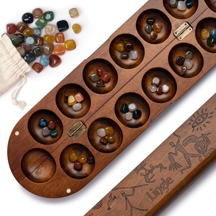 Luxus-Mancala-Set: Echtholz-Scharnierbrett mit 48 gemischten natürlichen Edelsteinen - Authentische