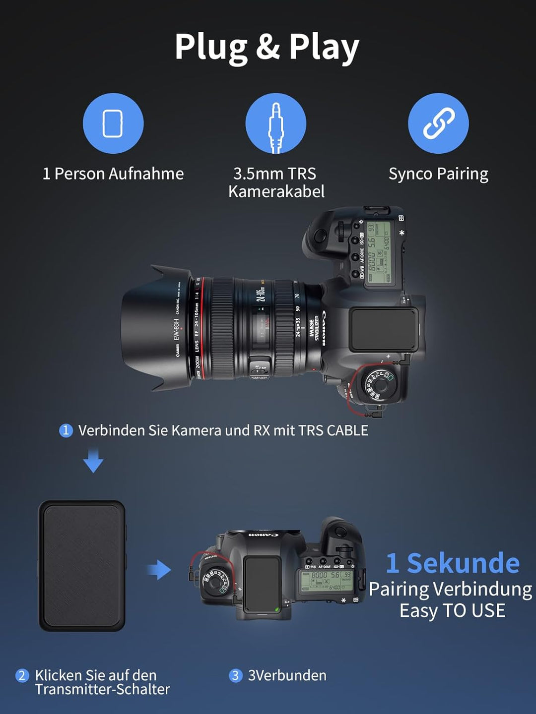 Ansteckmikrofon Kabellos Kamera,Gimpro MB1(M) 2.4GHz Plug&Play Lavalier Funkmikrofon mit 1 Druck Stu