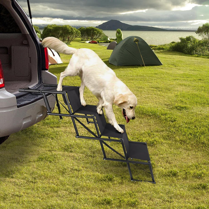 CALIYO Hundetreppe Auto Klappbar bis 75KG für Grosse Hunde, Höhenverstellbare 4-Stufen-Hundetreppe,