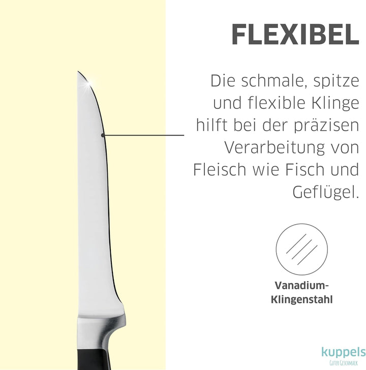 KUPPELS Solid Ausbeinmesser | Ergonomischer Griff Schwarz | Schmale Klinge | Integrierter Fingerschu