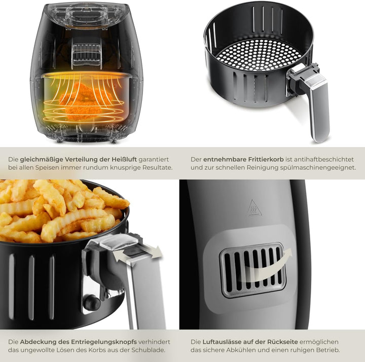 tectake® Heissluftfritteuse, Airfryer, 3,6 l Fassungsvermögen, Touchscreen-Display, 7 Programme, Air