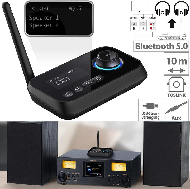 auvisio Transmitter, Bluetooth: 2in1-Audio-Sender und -Empfänger mit Bluetooth 5, TOSLINK, LED-Displ