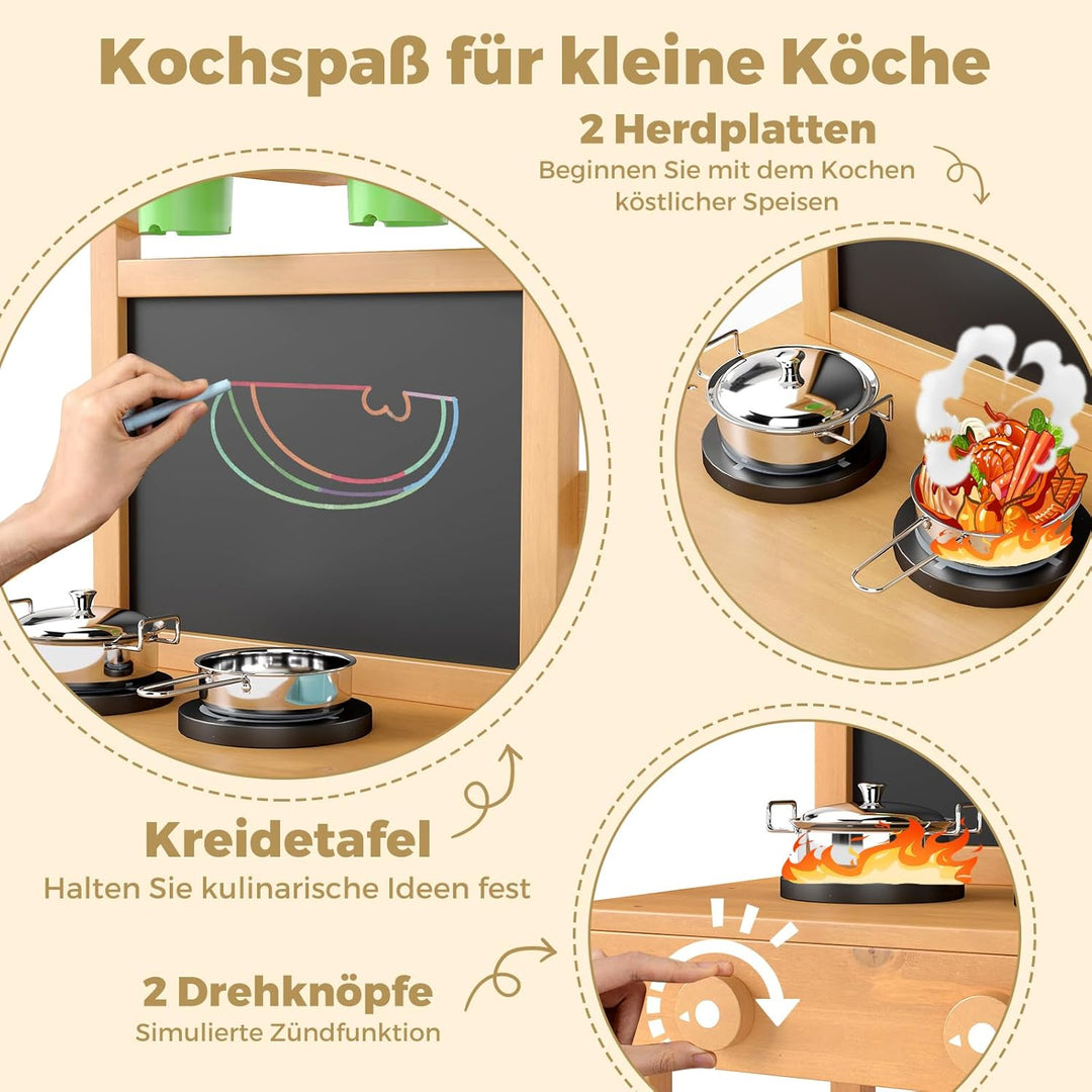 COSTWAY Matschküche Kinder Outdoor, Kinderküche mit Tafel, Wasserhahn, Spülen, Blumentöpfen & Garten