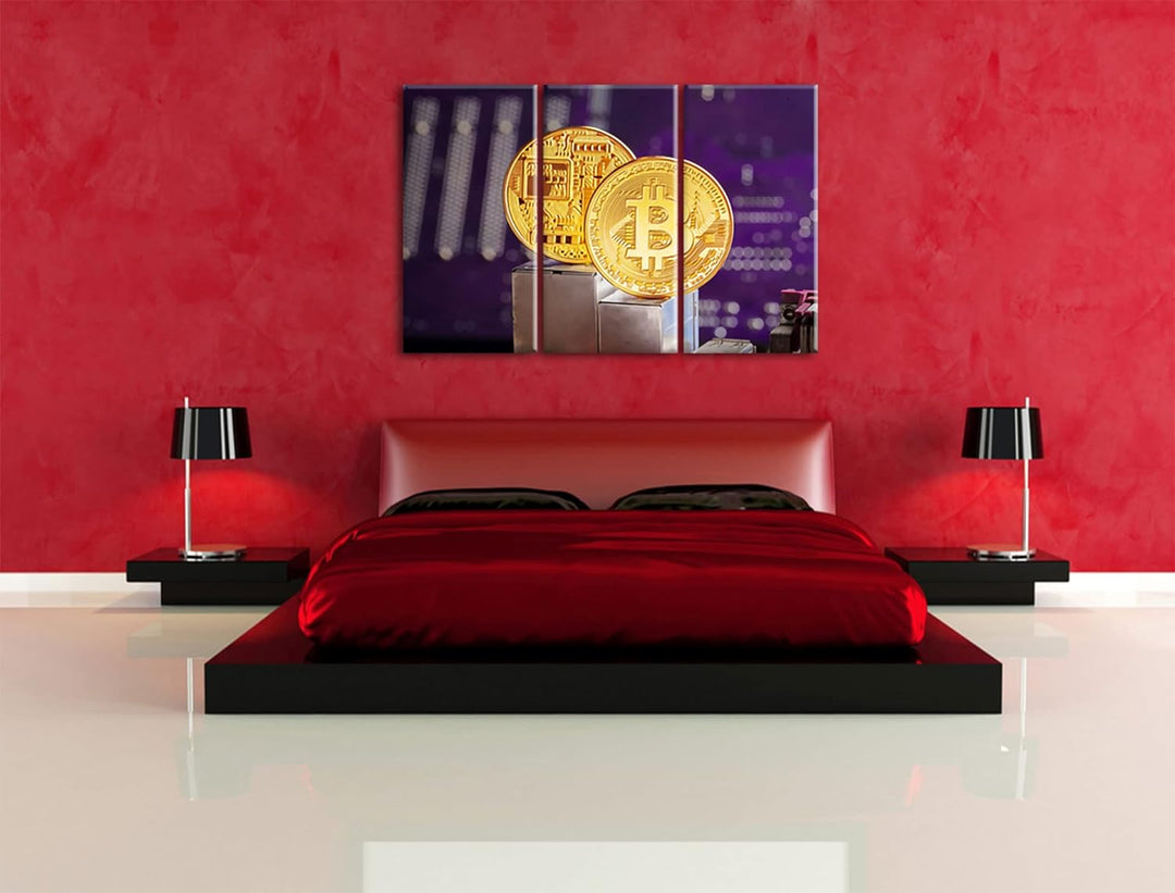 Bitcoin BTC auf Platineals Leinwandbild 3 teilig | Grösse: 120x80 cm | Wandbild | Kunstdruck | ferti