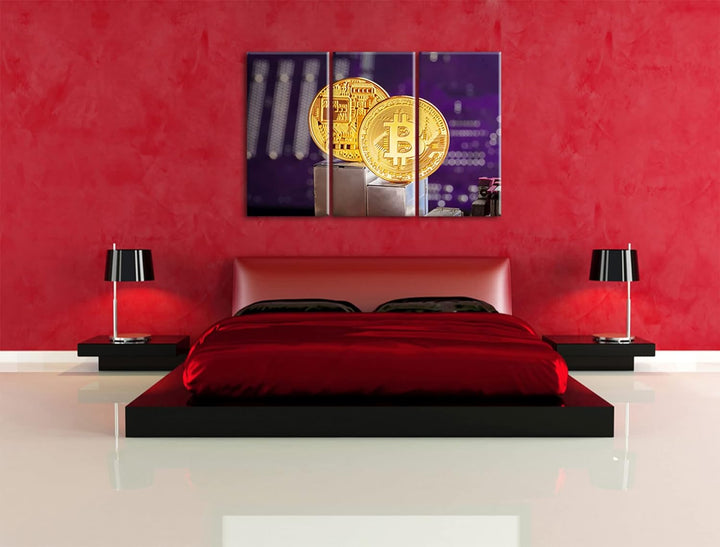 Bitcoin BTC auf Platineals Leinwandbild 3 teilig | Grösse: 120x80 cm | Wandbild | Kunstdruck | ferti