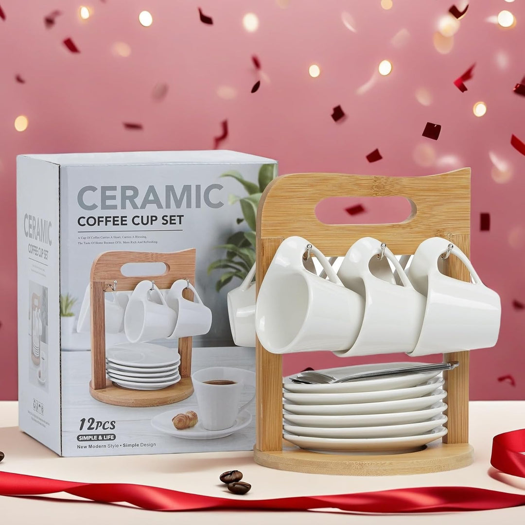 JUJOYBD Espressotassen Set mit Ständer, 6 x 80ml Porzellan Espresso Tassen mit Untertassen Set, Mokk