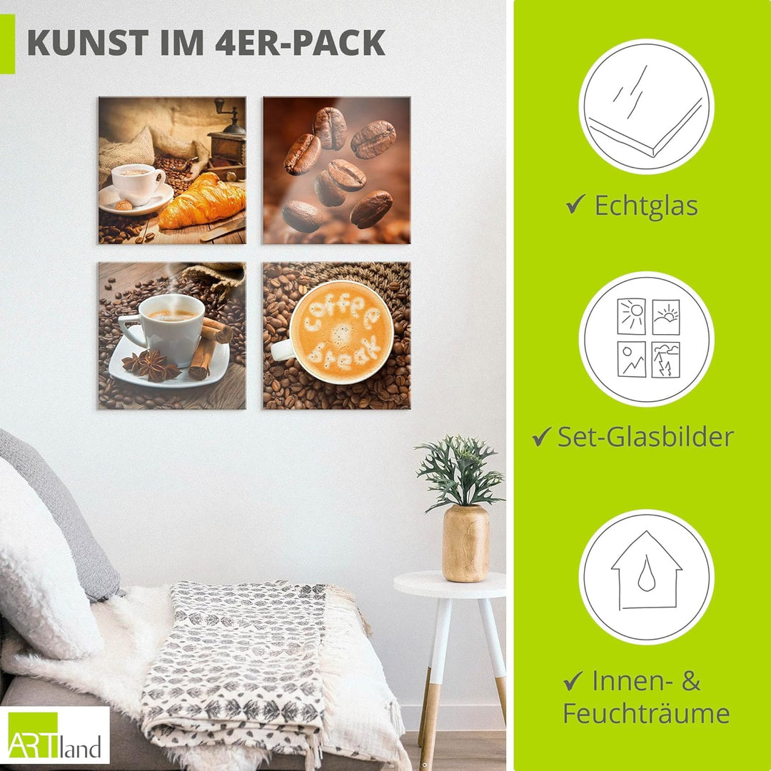 ARTland Glasbilder Wandbild Glas Bild Set 4 teilig je 20x20 cm Quadratisch Kaffee Cafe Coffee Kaffee