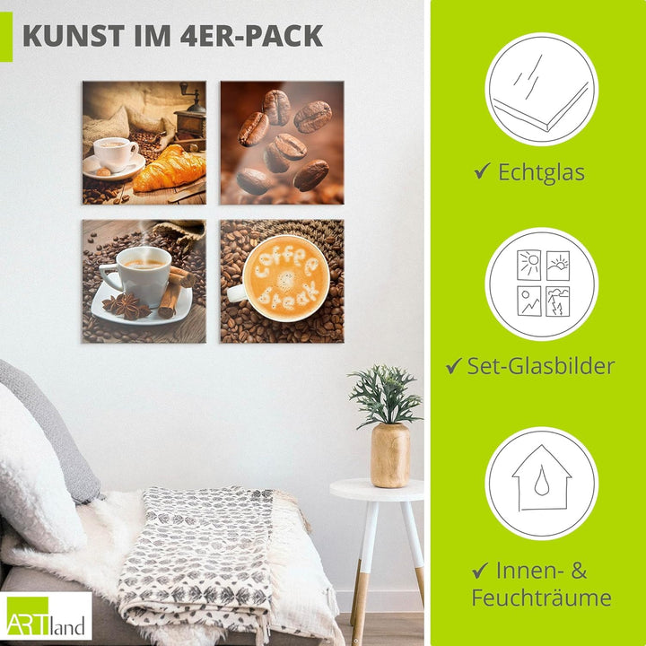 ARTland Glasbilder Wandbild Glas Bild Set 4 teilig je 20x20 cm Quadratisch Kaffee Cafe Coffee Kaffee