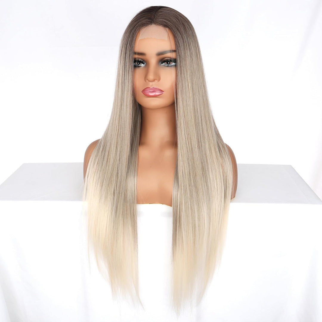 PORSMEER Ombre Blond Perück Lang Glatt Gerade Perücken mit Spitze Mittelscheitel für Frauen/Mädchen