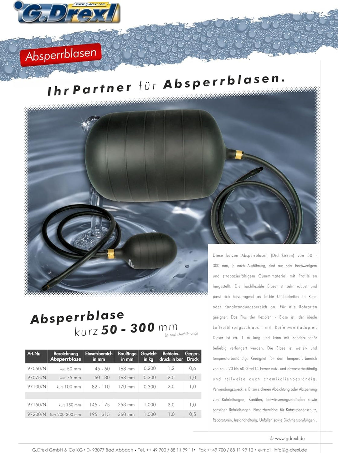 Absperrblase Dichtkissen Rohrdichtkissen Pipeplug Testplug kurz 100 mm Ø geeignet für Rohrdurchmesse